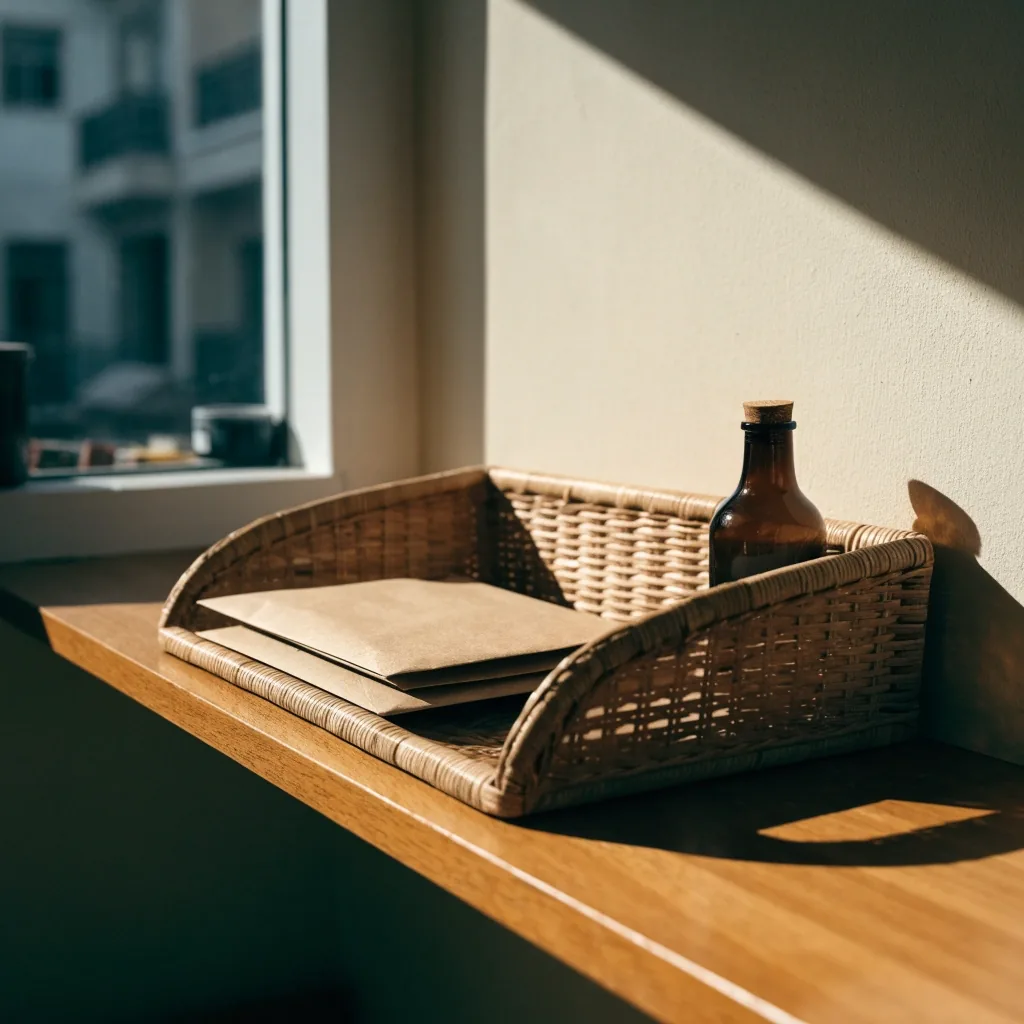 Closed amber-glass bottles on a wooden desk in hard angled noon light at the editorial office
