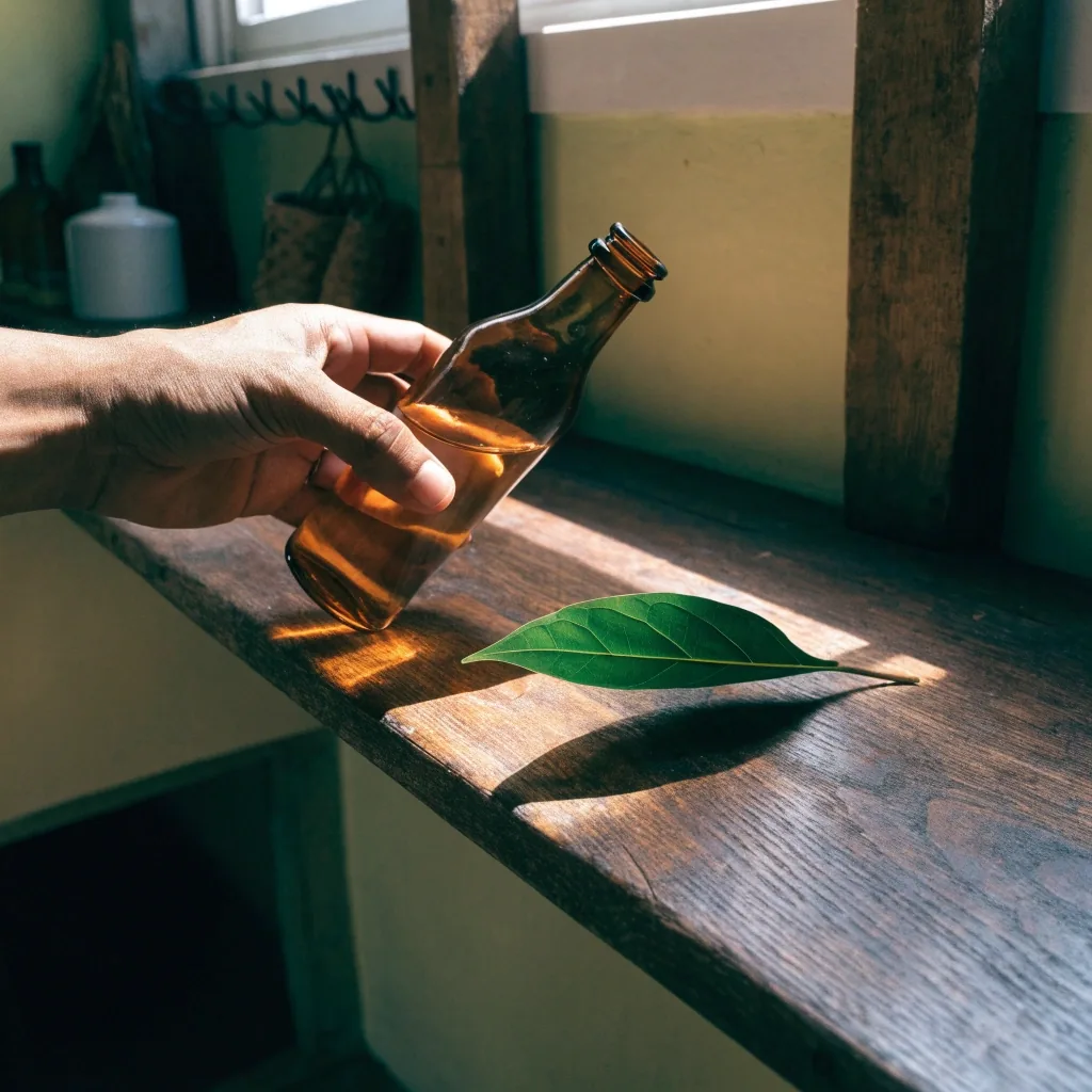 A bare plywood shelf edge with one unlabeled amber-glass bottle and a single botanical leaf under hard diagonal daylight