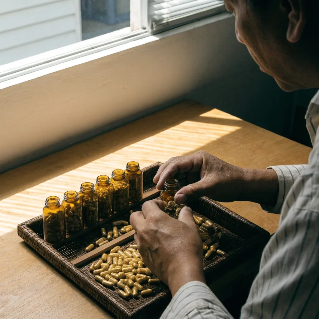 Capsule blisters arranged on a plywood shelf tray with a botanical sprig crossing a diagonal noon light band