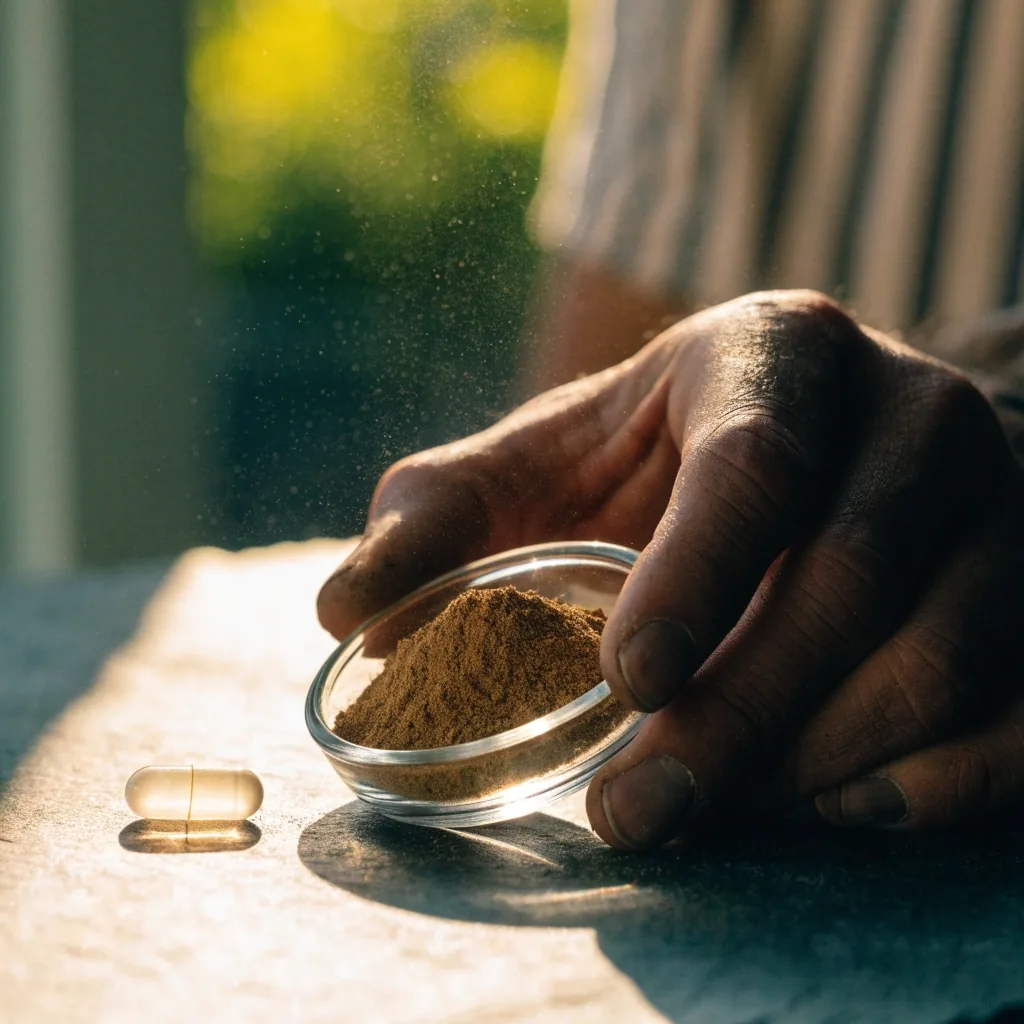 A single translucent herbal capsule held between two fingertips and backlit so its shell glows