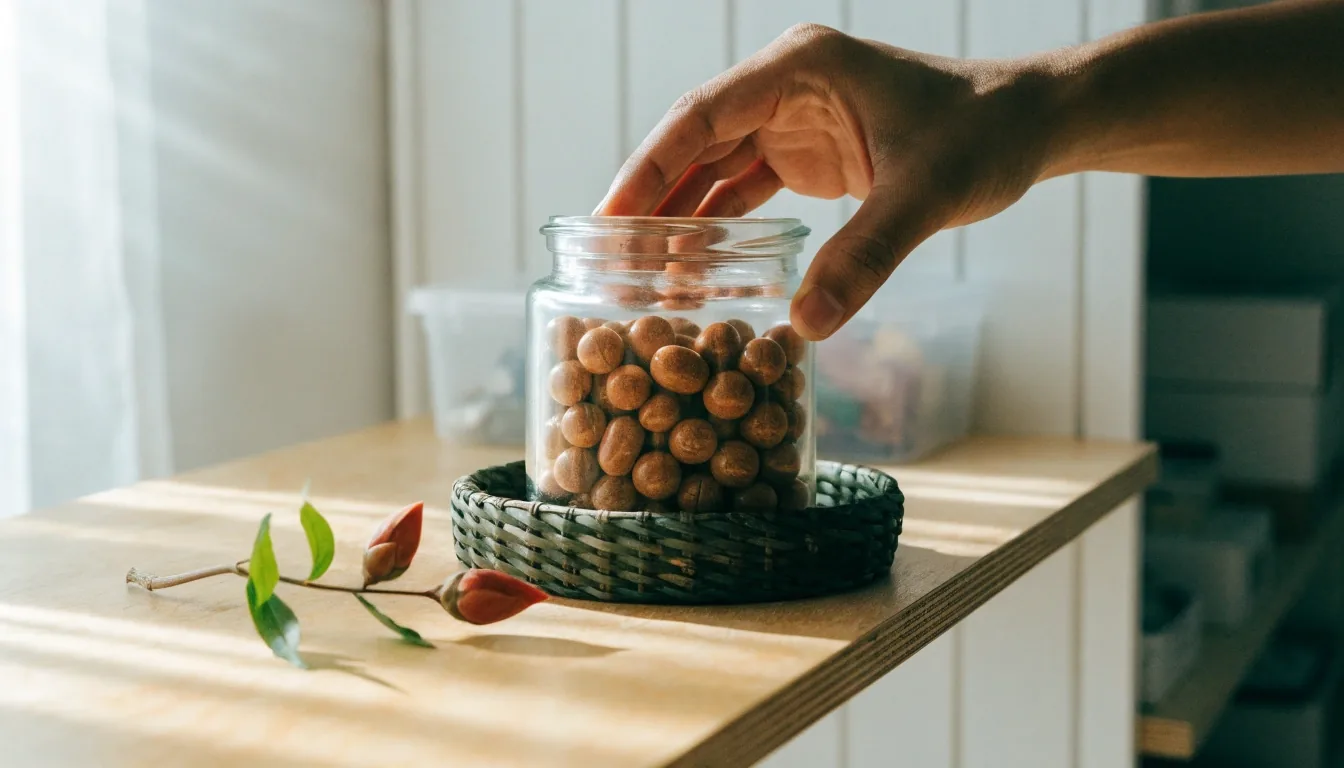 Unlabeled herbal capsules in a wooden dish with a fresh botanical sprig on a sunlit plywood shelf