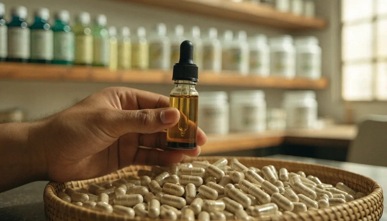 A plywood tray of unlabeled capsule blisters with a green sprig, lit by a hard diagonal noon light band