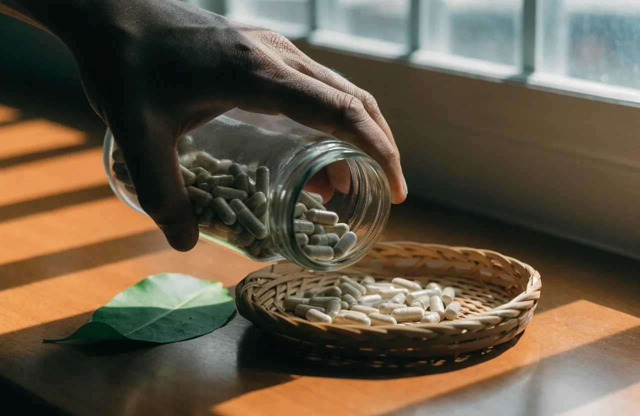 A bright plywood tray of unlabeled capsule blisters with a fresh botanical sprig, lit by hard diagonal noon light
