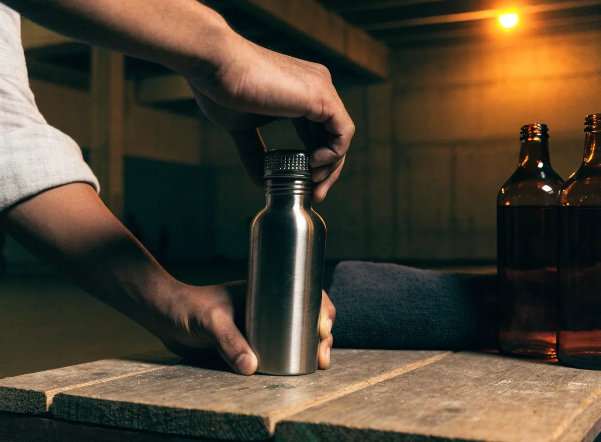 A quiet gym corner with a plywood bench, folded towel, training shoes and dark unlabeled bottles beside it