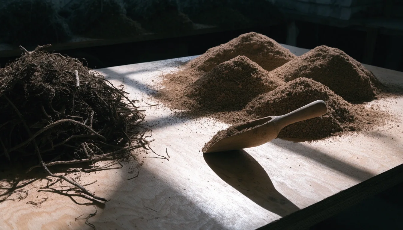 Separate piles of dried botanical roots and leaves along a plywood work surface with a wooden scoop